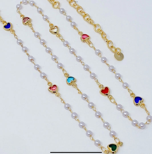 Precious Multi Heart Pearl Chain Necklace