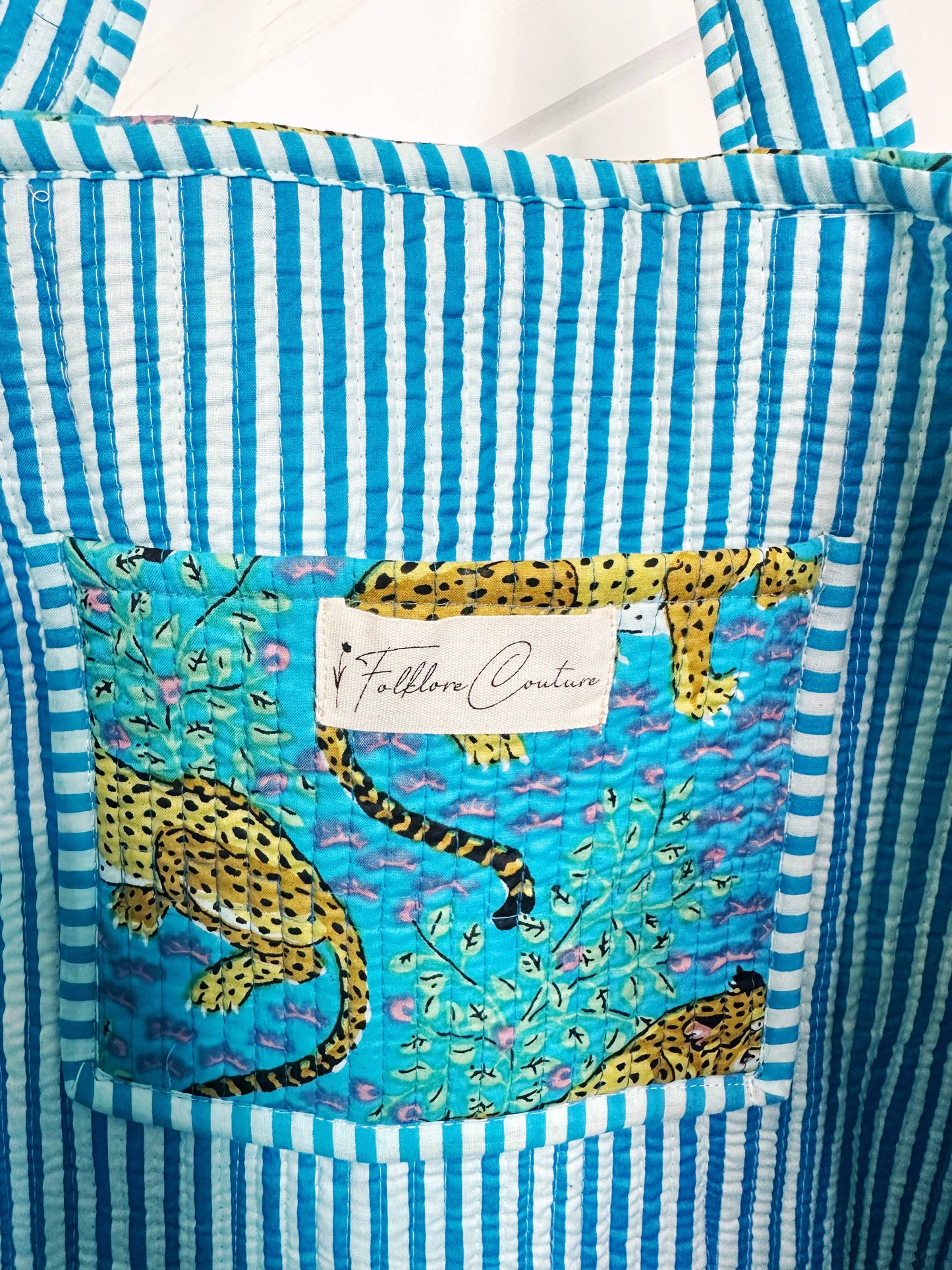 Cotton Quilted Block Print Tote Bag - Aqua Jaguars Leopards