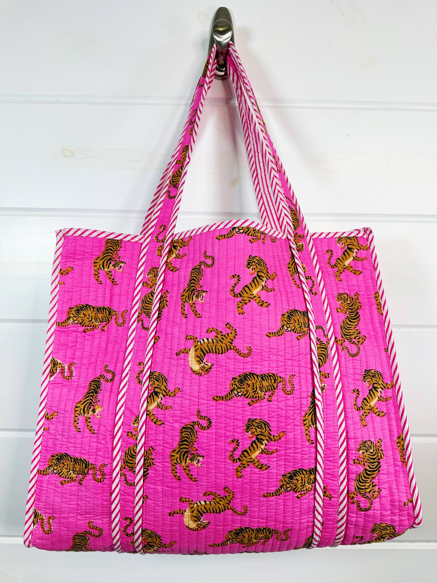 Cotton Quilted Large Shopping Tote Bag - Bright Pink Tigers