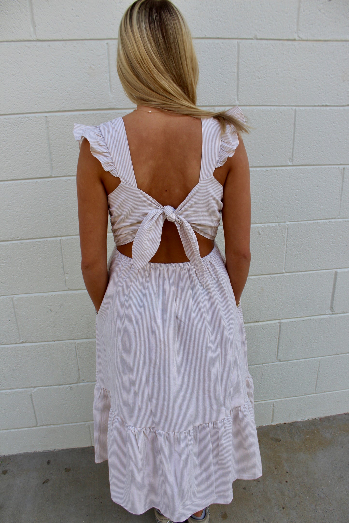 Tan Stripped Ruffle Sleeve Dress
