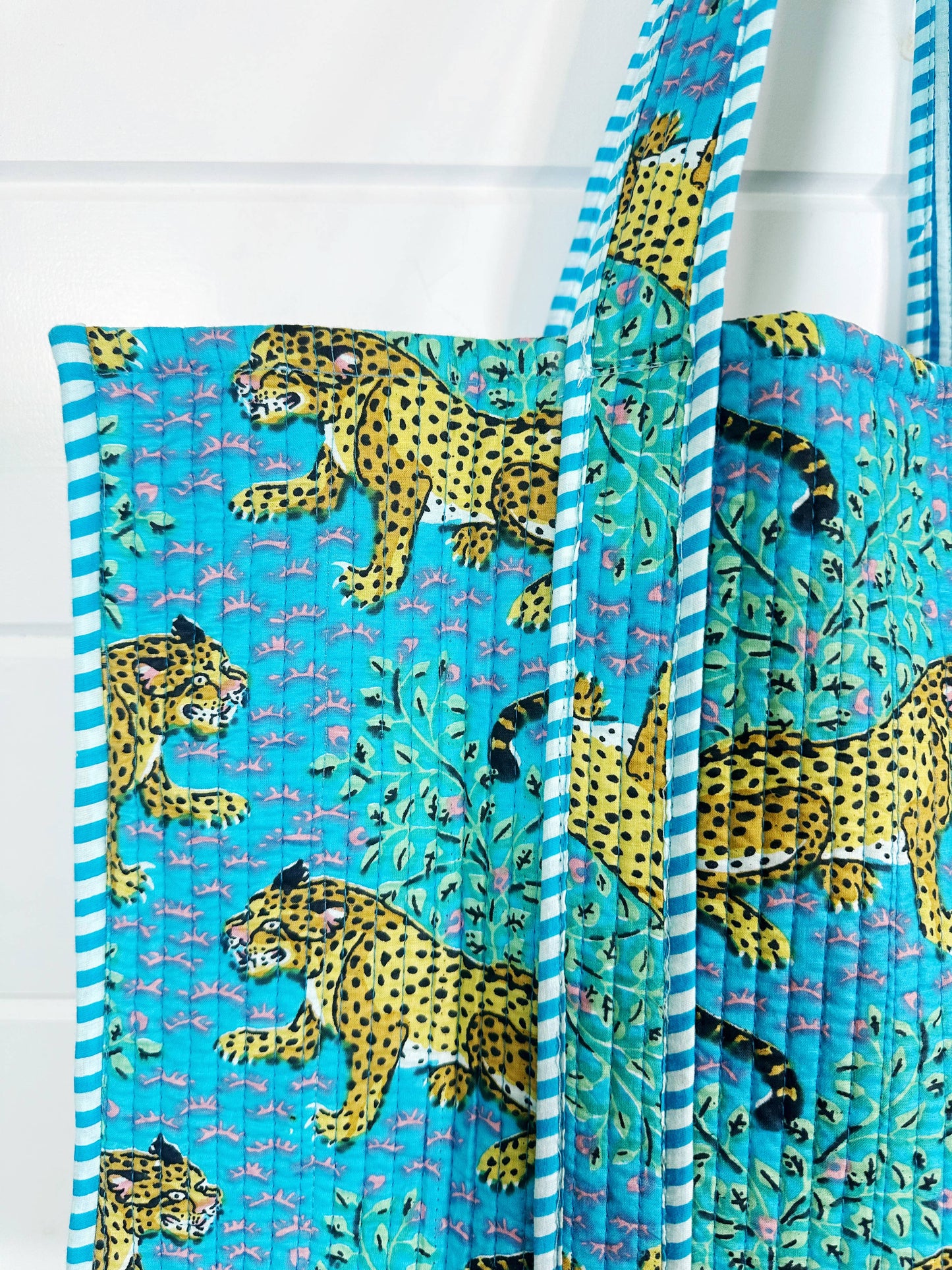 Cotton Quilted Block Print Tote Bag - Aqua Jaguars Leopards
