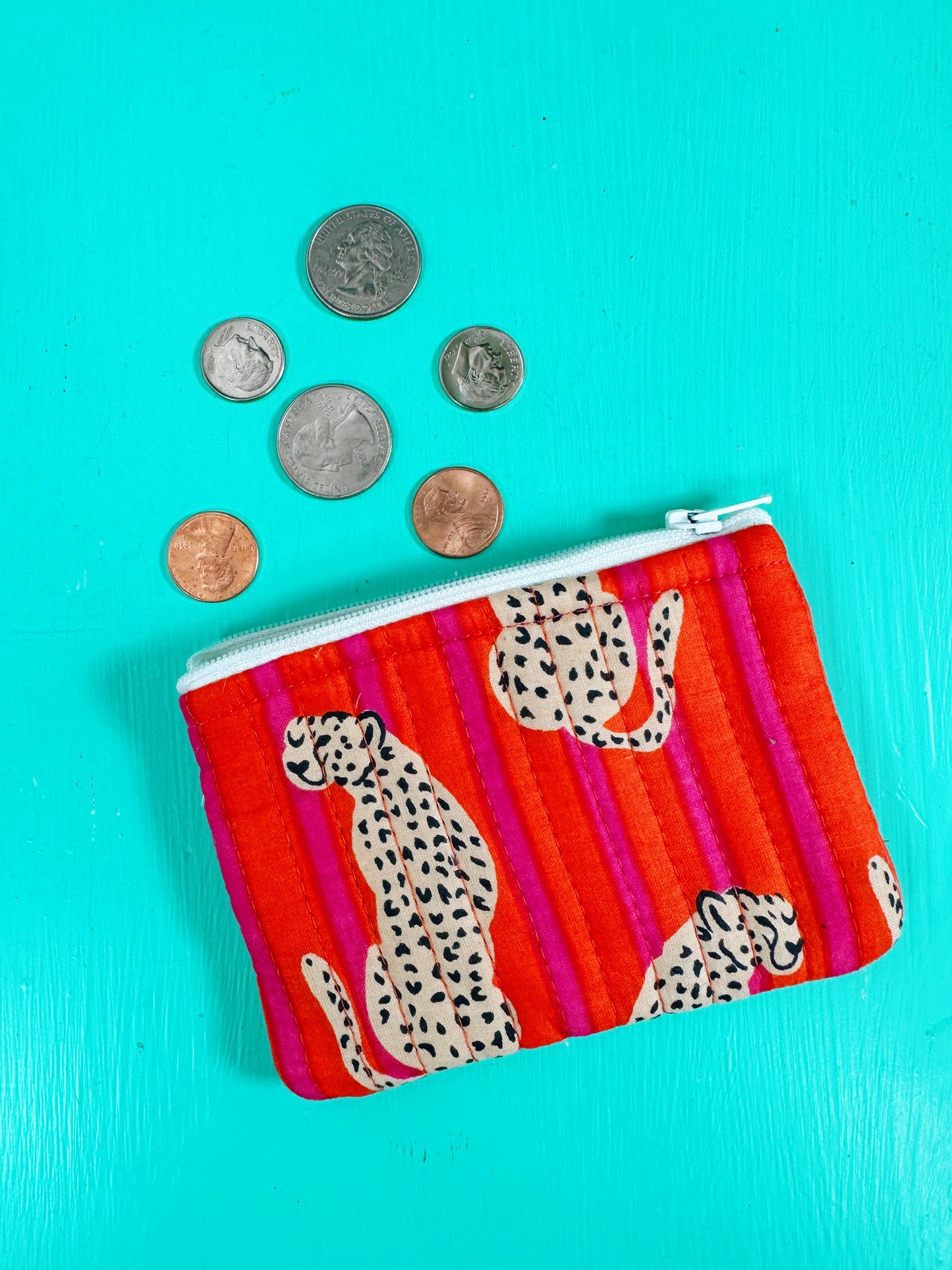 Small Quilted Coin Purse Pouch - Orange Pink Stripes Jaguars