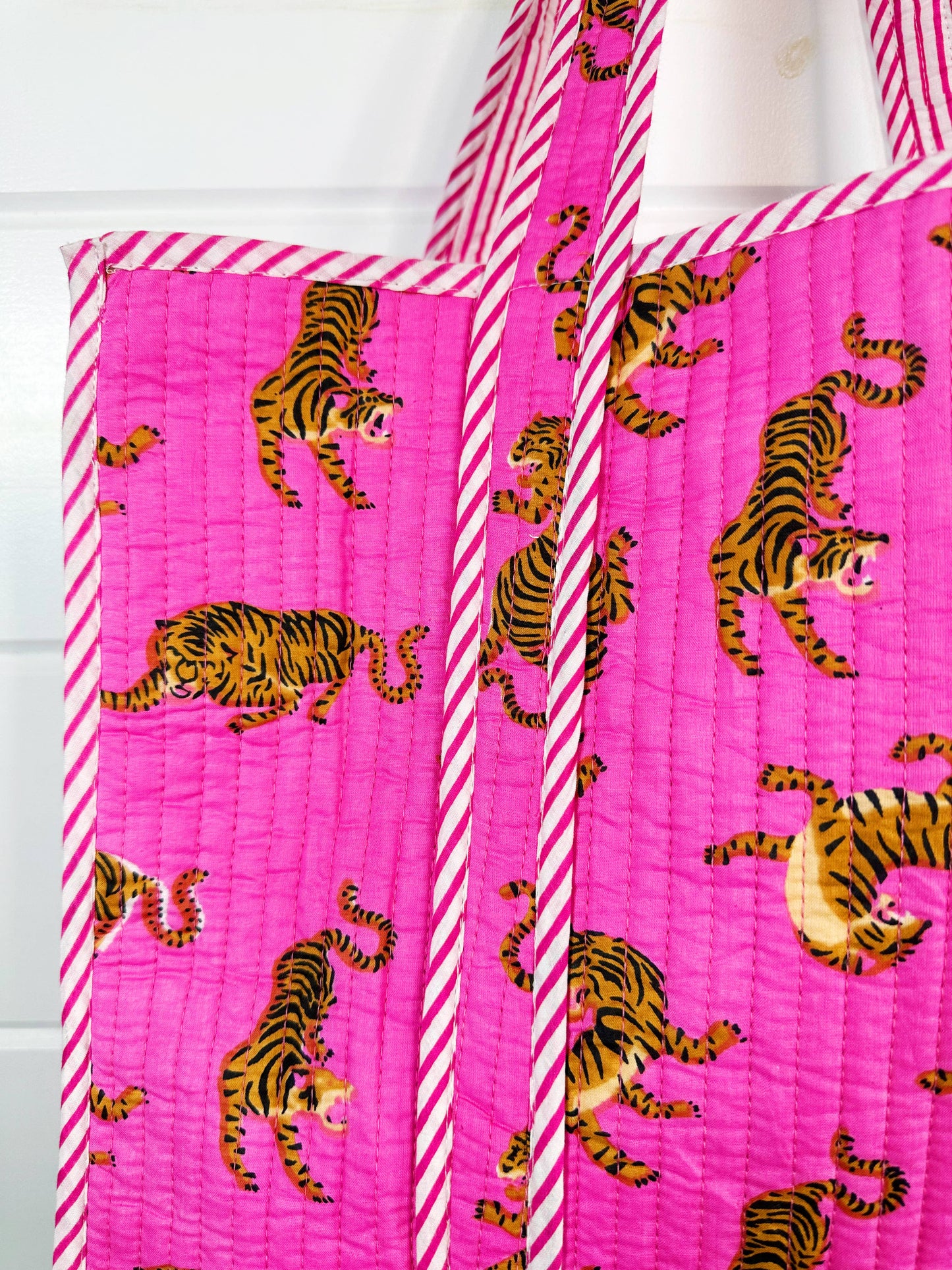 Cotton Quilted Large Shopping Tote Bag - Bright Pink Tigers