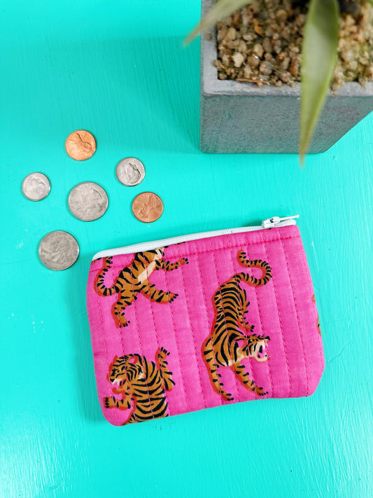 Small Quilted Coin Purse Pouch - Bright Pink Tigers