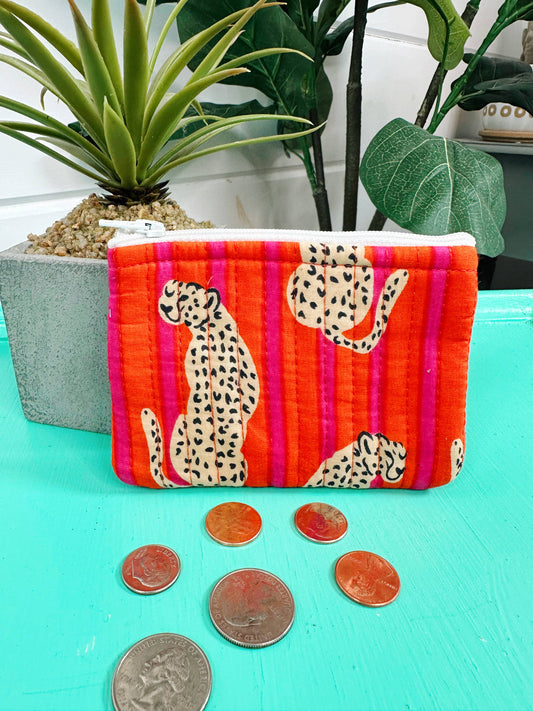 Small Quilted Coin Purse Pouch - Orange Pink Stripes Jaguars
